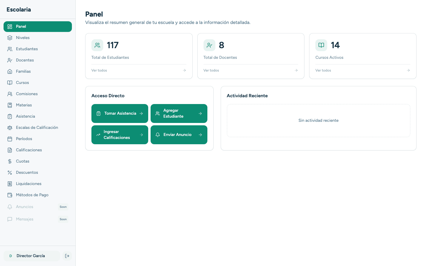 Panel de control de Escolaria